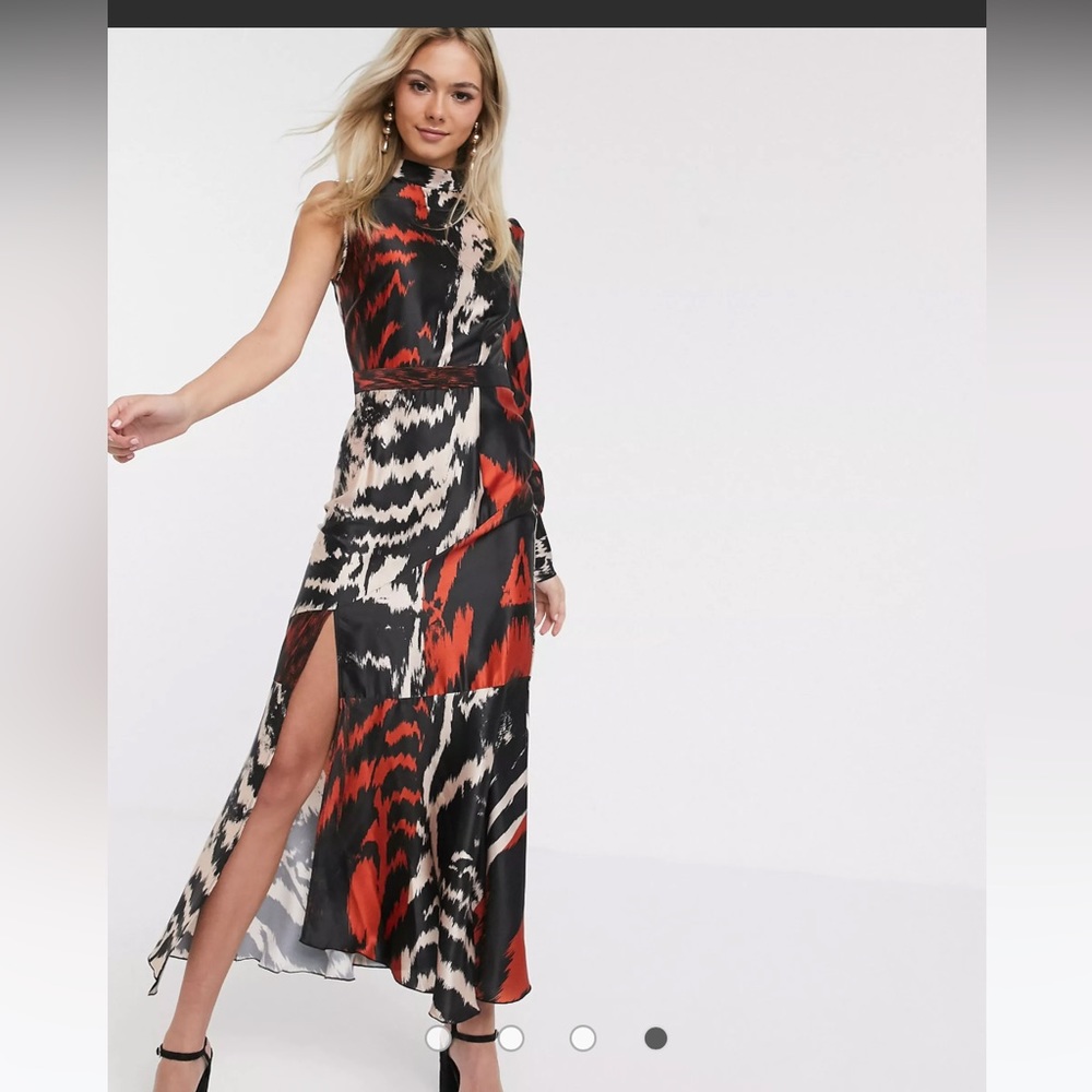 ASOS Liquorish satin midaxi dress with one shoulder in abstract print US 6